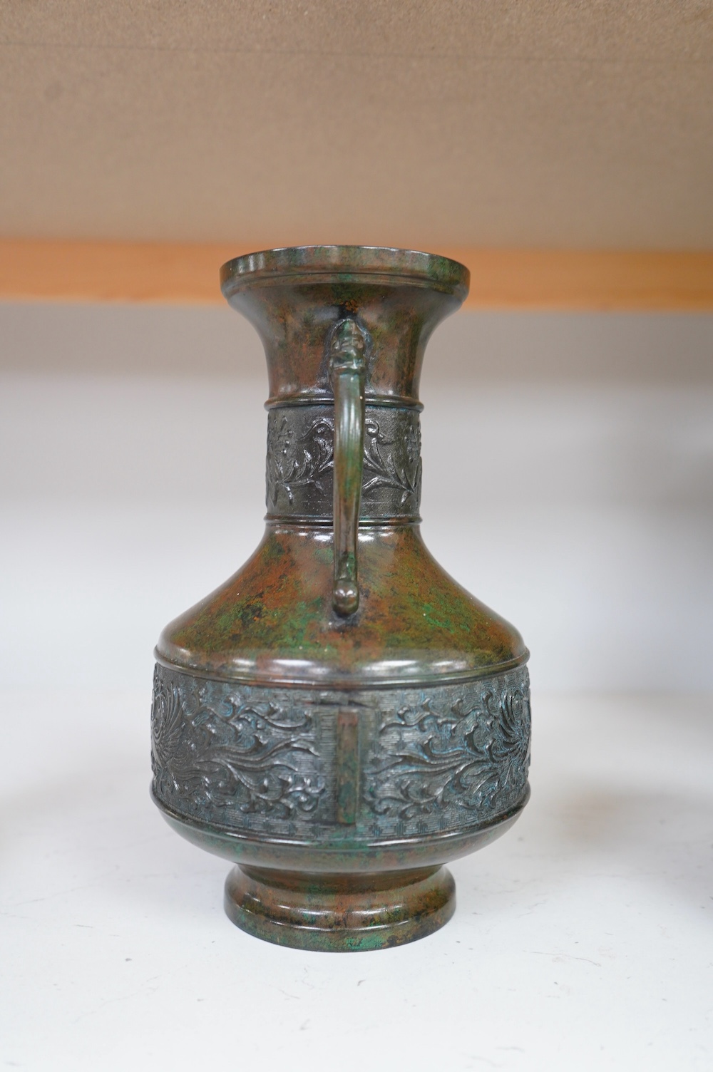 A Japanese green patinated bronze vase, 20th century, 25cm high. Condition - good